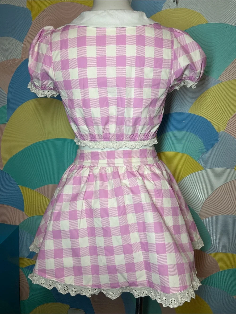 Sugar Thrillz Pink and White Gingham Crop Top & Skirt Set Sz S